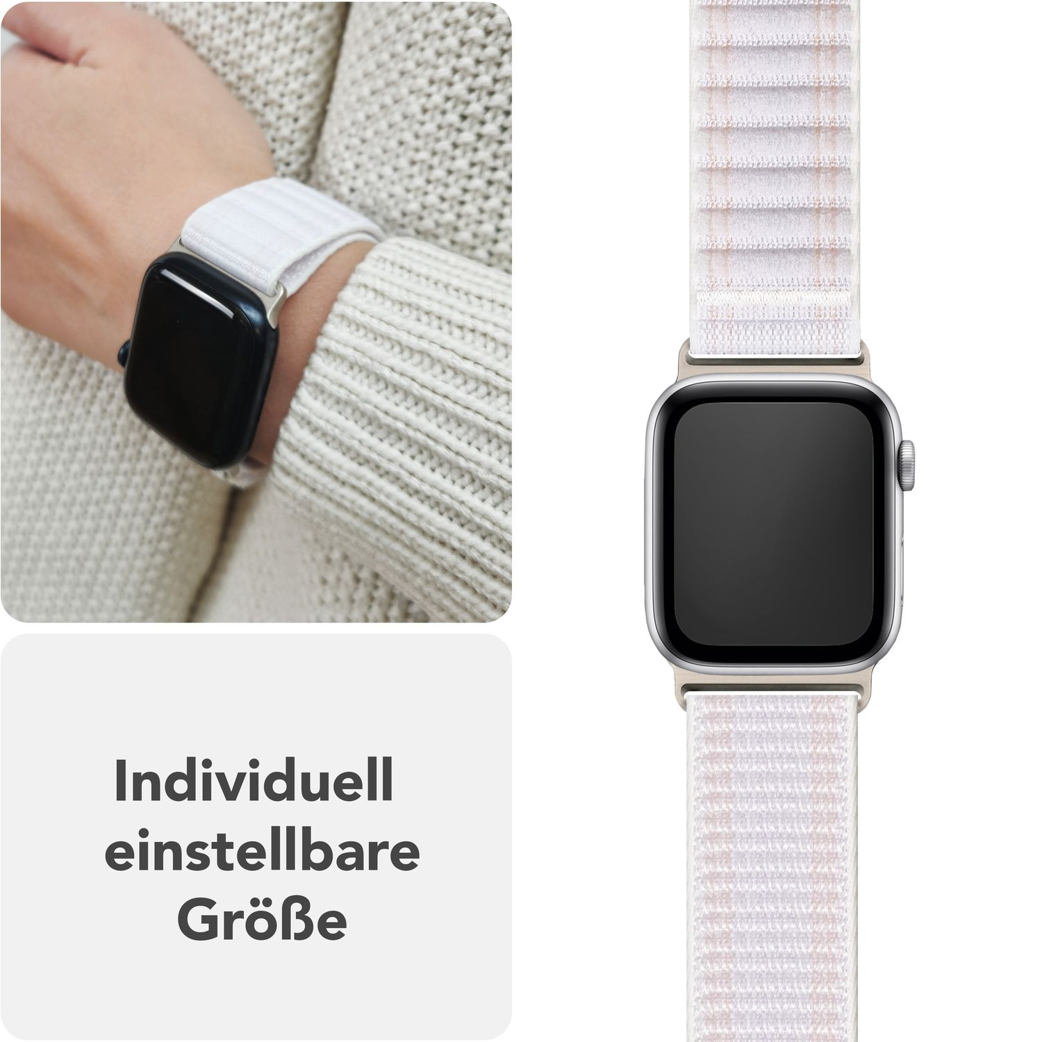 Uhr am Handgelenk mit weißem Armband. Text: 'Individuell einstellbare Größe'.