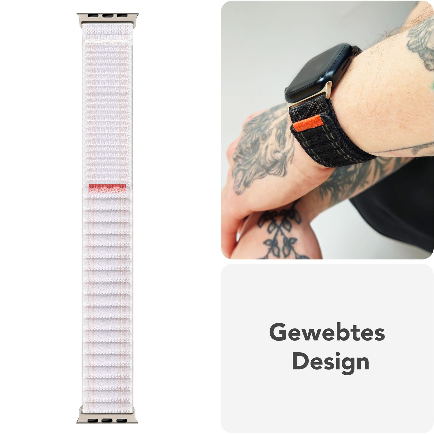 Weißes und oranges Stoff-Uhrenarmband, am Handgelenk. Text.