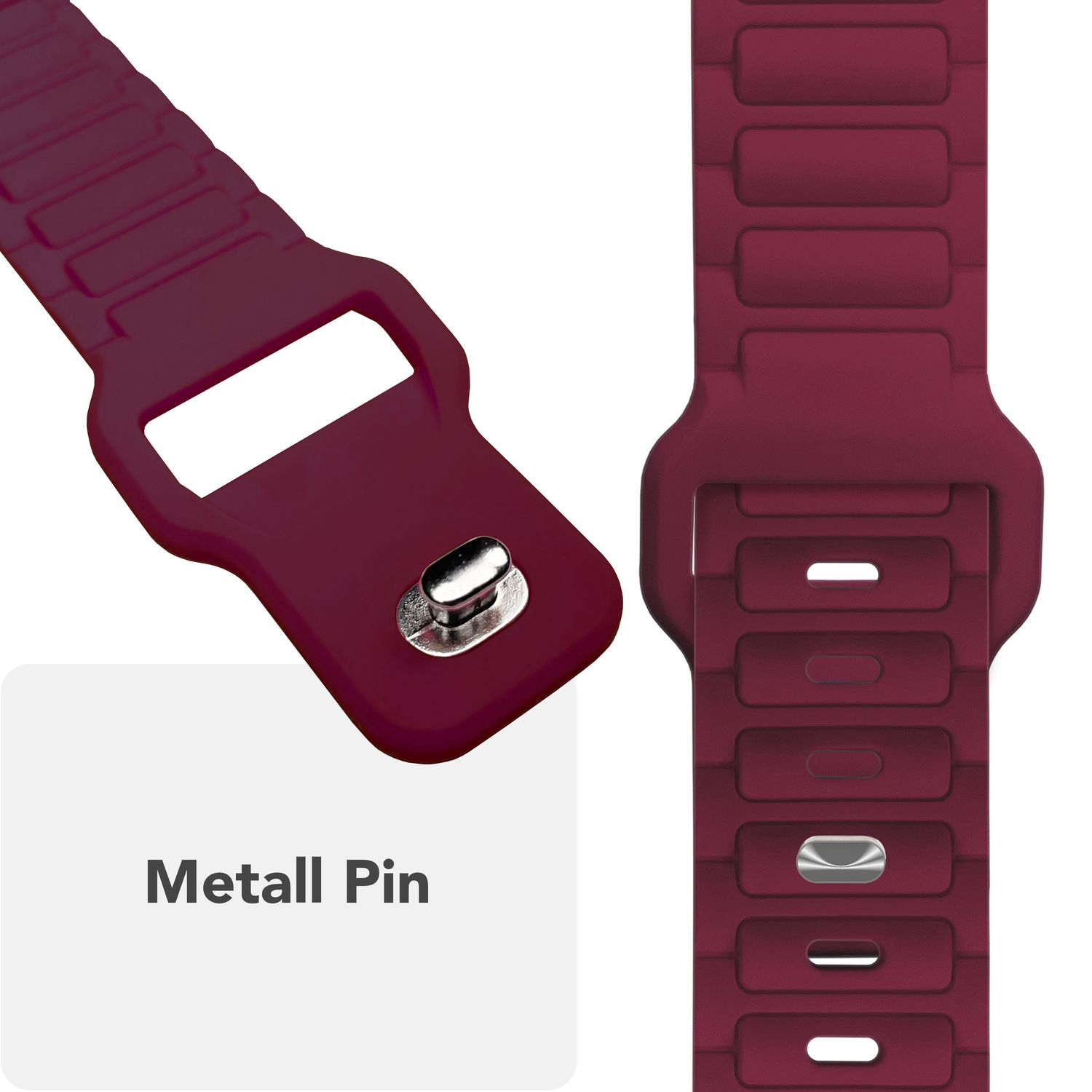 Burgunderfarbenes Uhrenarmband mit Metallstift-Detail.