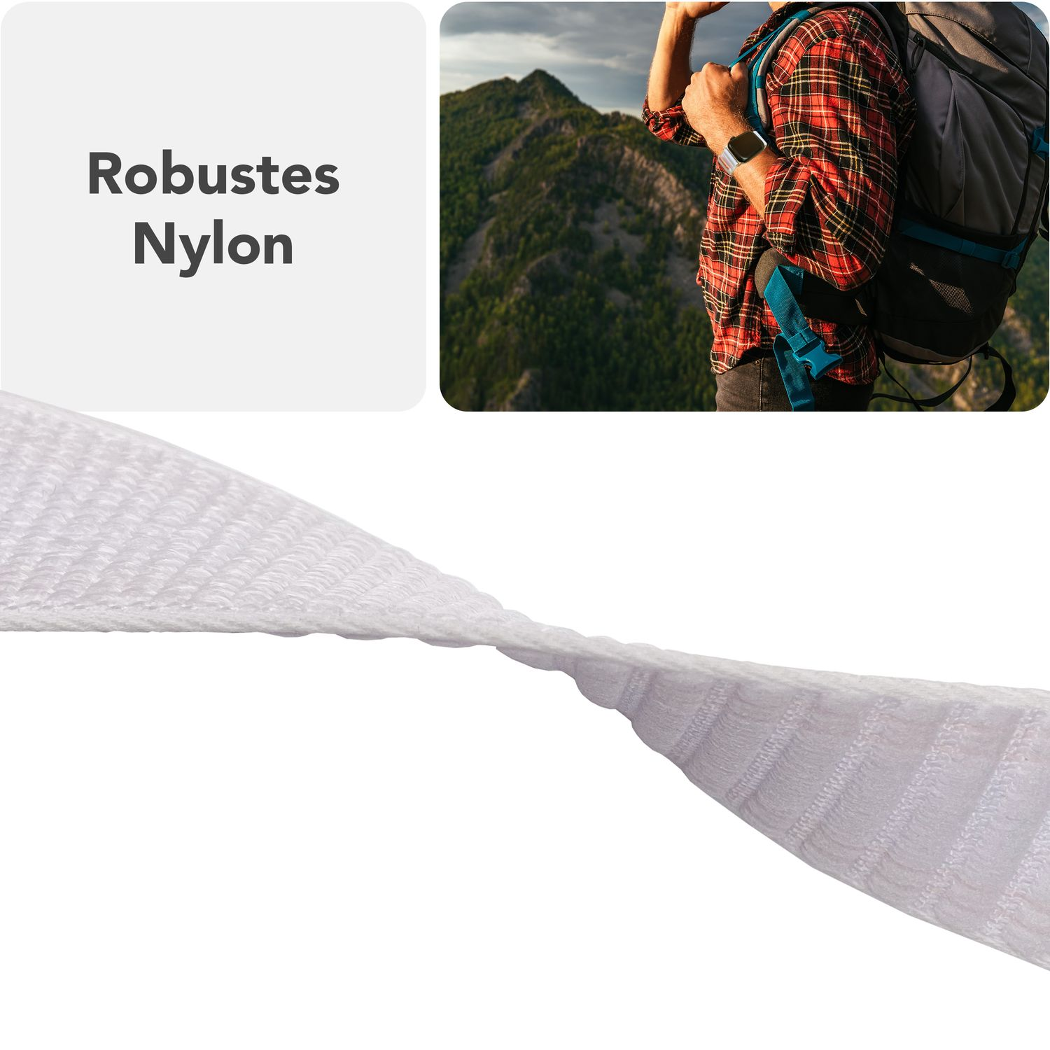 Weißes Nylonseil und ein Bild einer Person beim Wandern. Textkennzeichnung weist auf „Robustes Nylon“ hin.