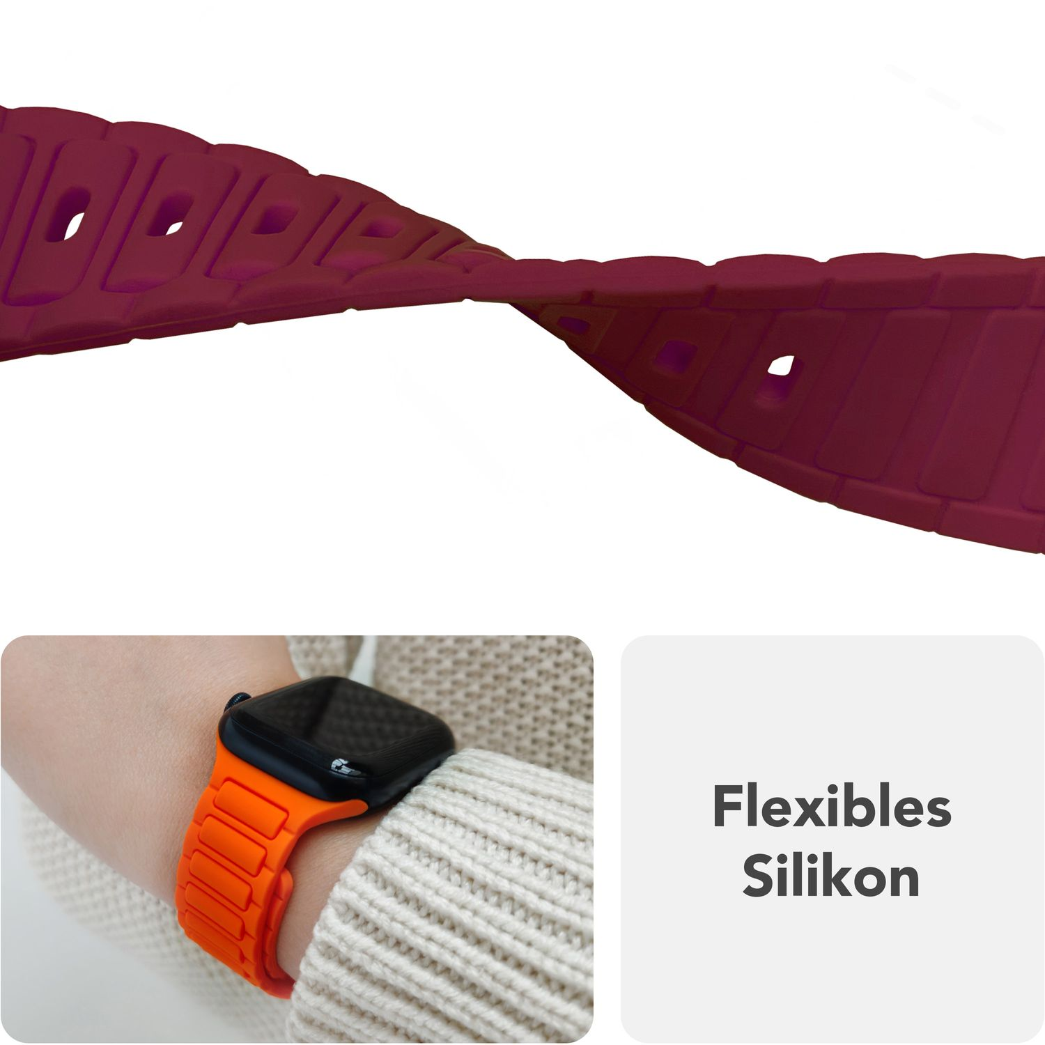 Rotes Uhrenarmband, orange Uhr am Handgelenk. Weißer Hintergrund. Text: Flexibles Silikon.