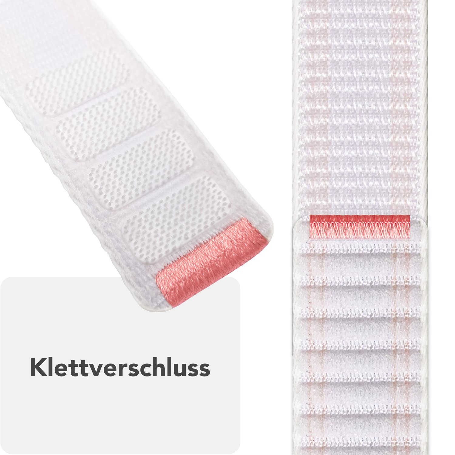 Weißes Uhrenarmband-Detail, Klettverschluss-Detail, rote Nähte.