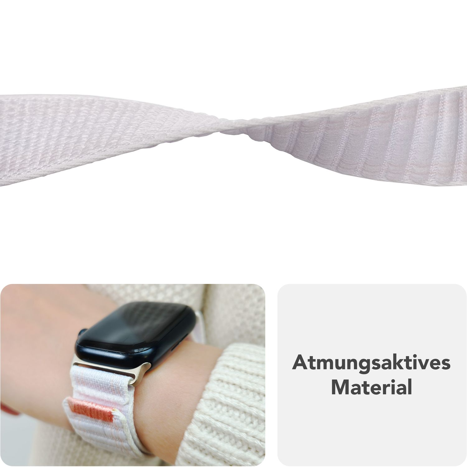 Weißes Uhrenarmband am Handgelenk. Weißer Hintergrund. Text: Atmungsaktives Material.