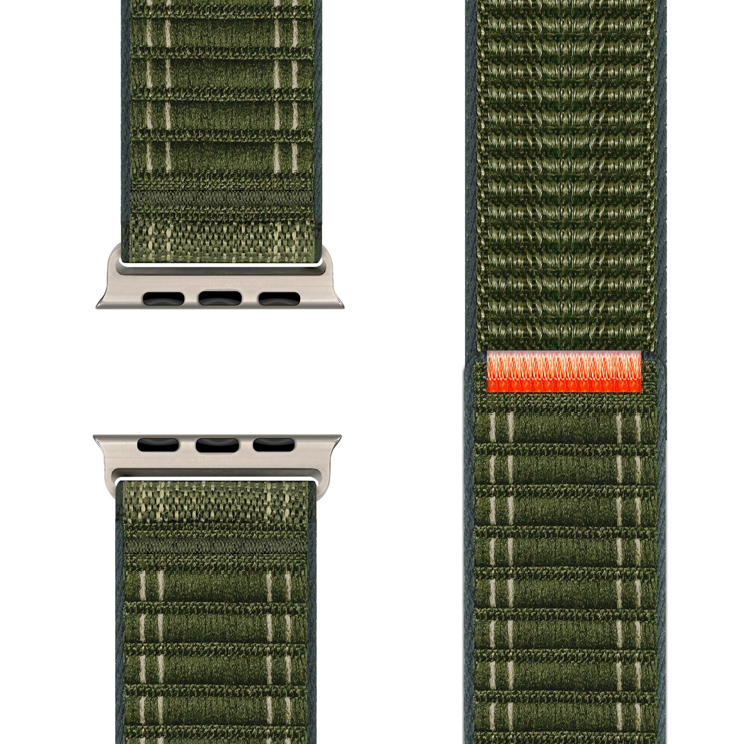 Grüne Uhrenarmbandabschnitte, silberne Hardware, orangefarbene Nähte.