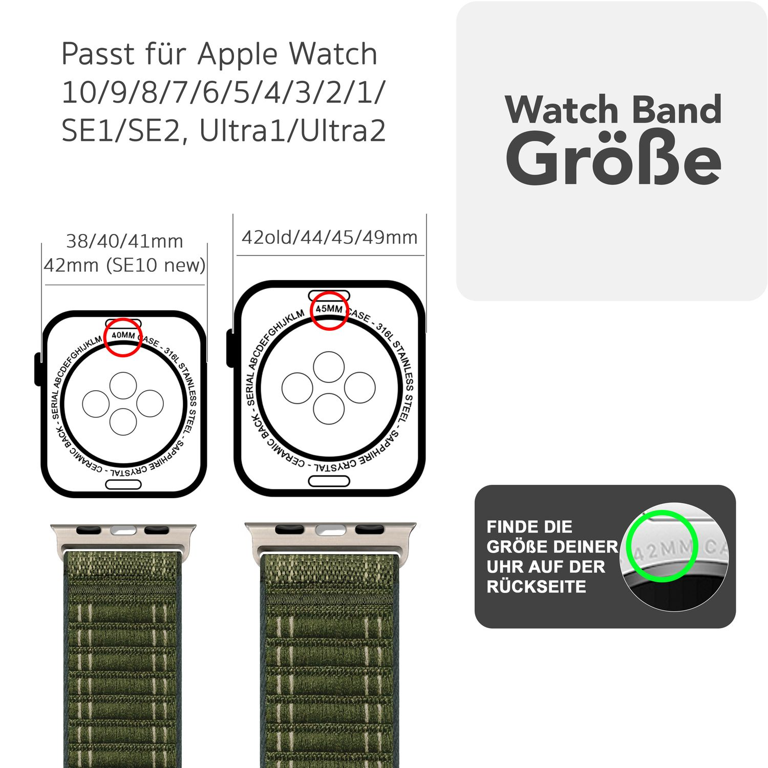 Apple Watch Armbänder, Größentabelle. Grüne und silberne Armbänder. Text: Watch Band Größe.
