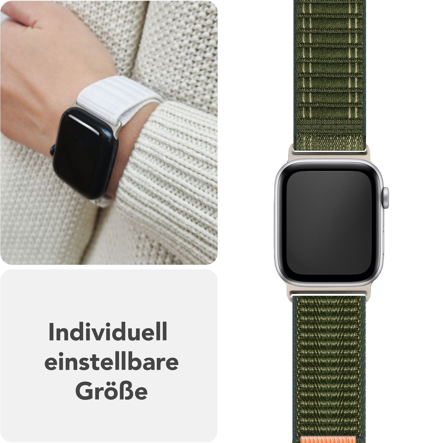 Zwei Bilder: weiße und grüne Uhrenarmbänder mit einer Person, die sie trägt.