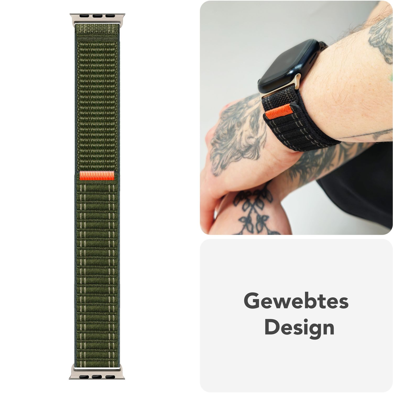 Grünes Uhrenarmband, mit orangen Akzenten. Uhr am Handgelenk. Text: Gewebtes Design.