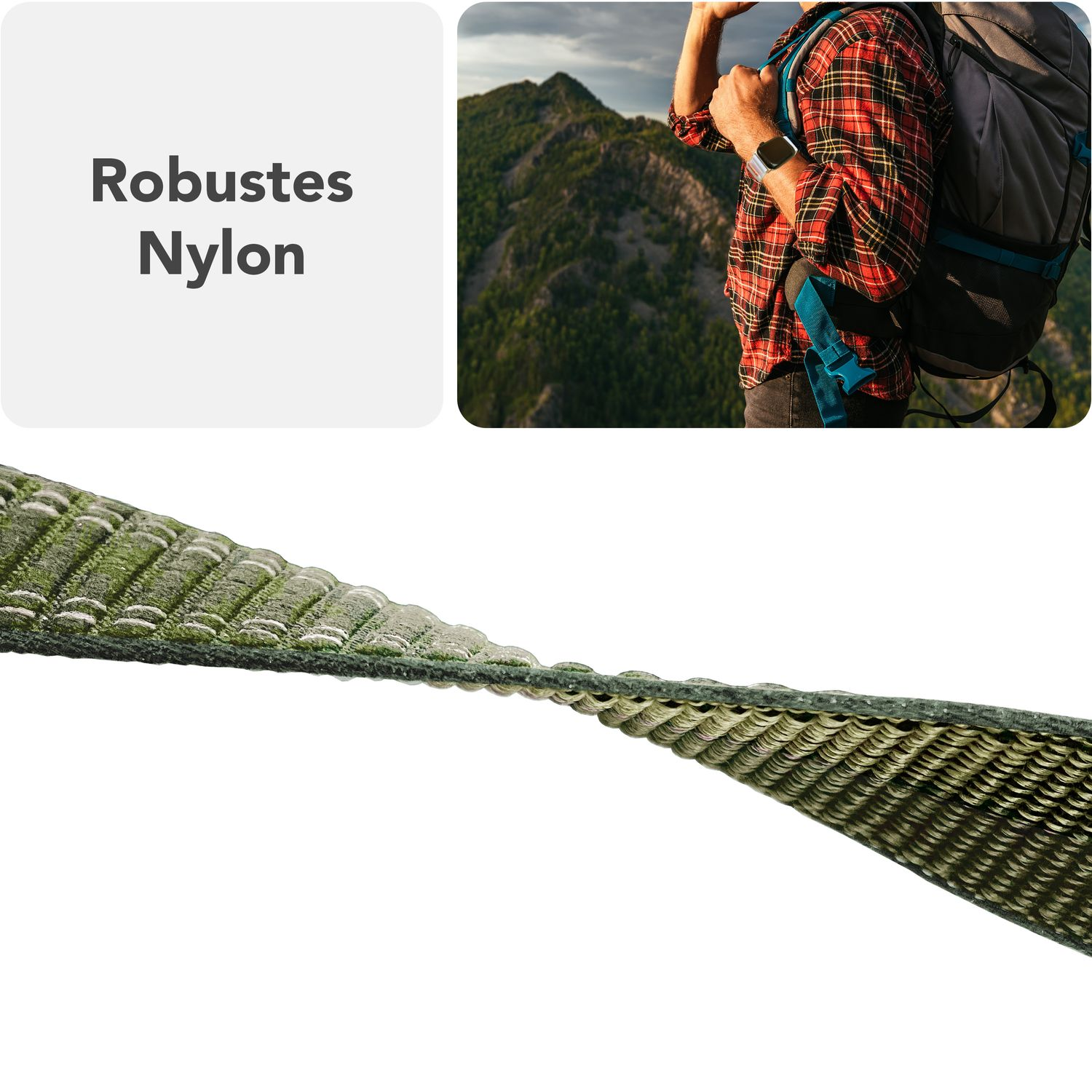 Grünes Uhrenarmband-Detail, Wanderer im Hintergrund mit Bergblick.
