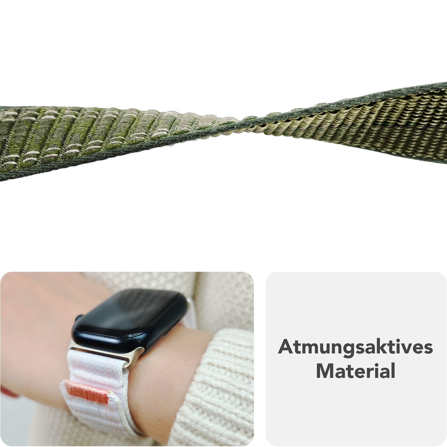 Weißes Uhrenarmband am Handgelenk. Weißer Hintergrund. Text: Atmungsaktives Material.