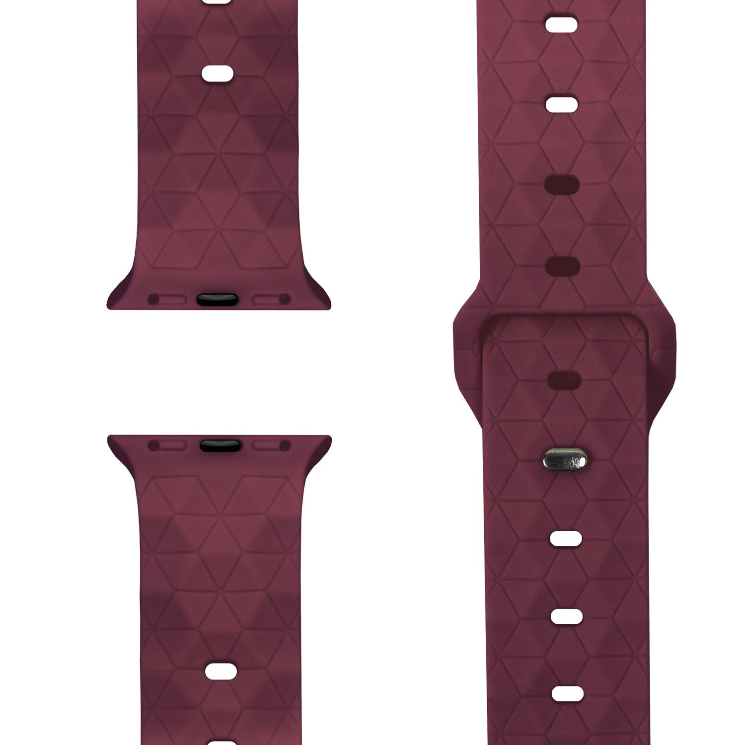 Nahaufnahme eines weinroten Uhrenarmbands mit geometrischem Muster.