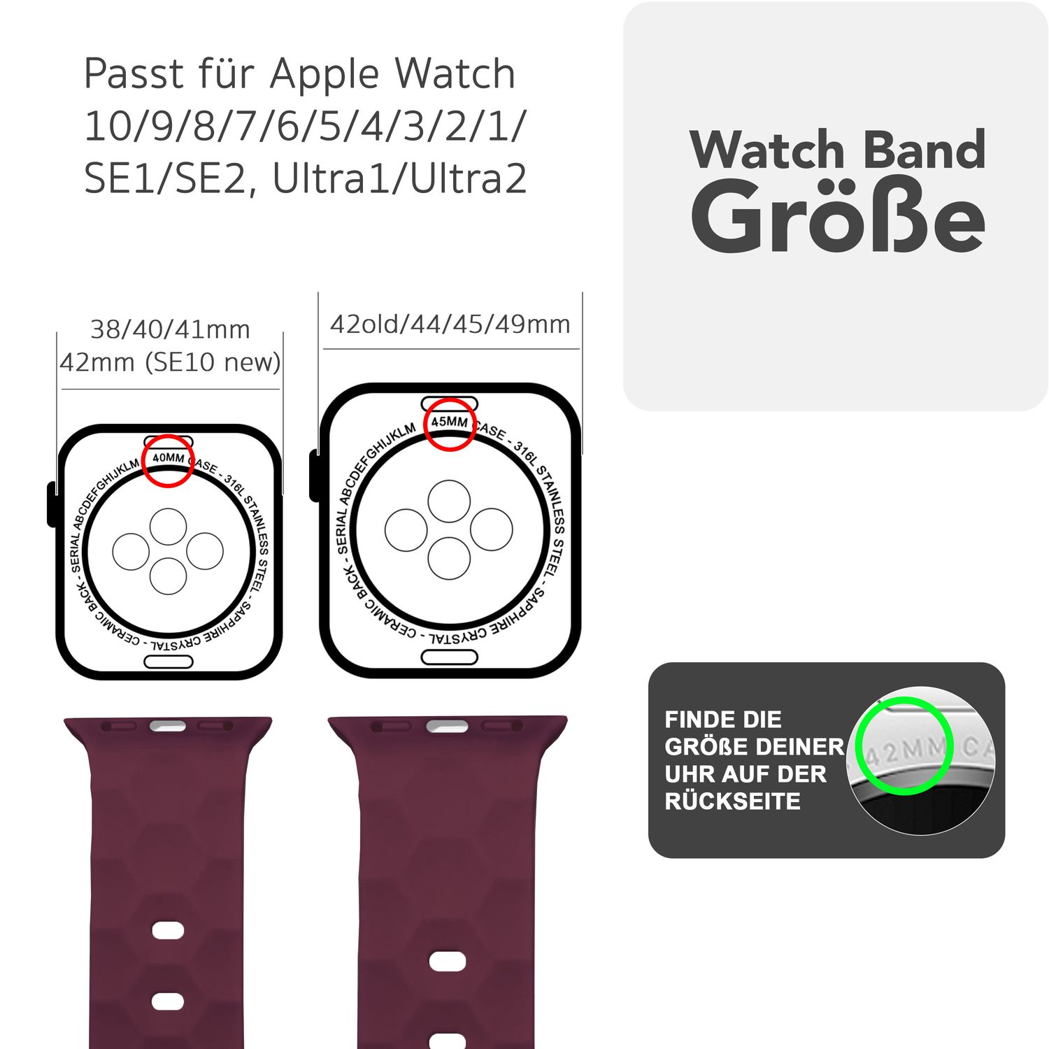 Uhrenarmband-Größenanleitung für Apple Watch. Zeigt Größen 38/40/41 mm und 42/44/45/49 mm. Farben sind Burgunder.