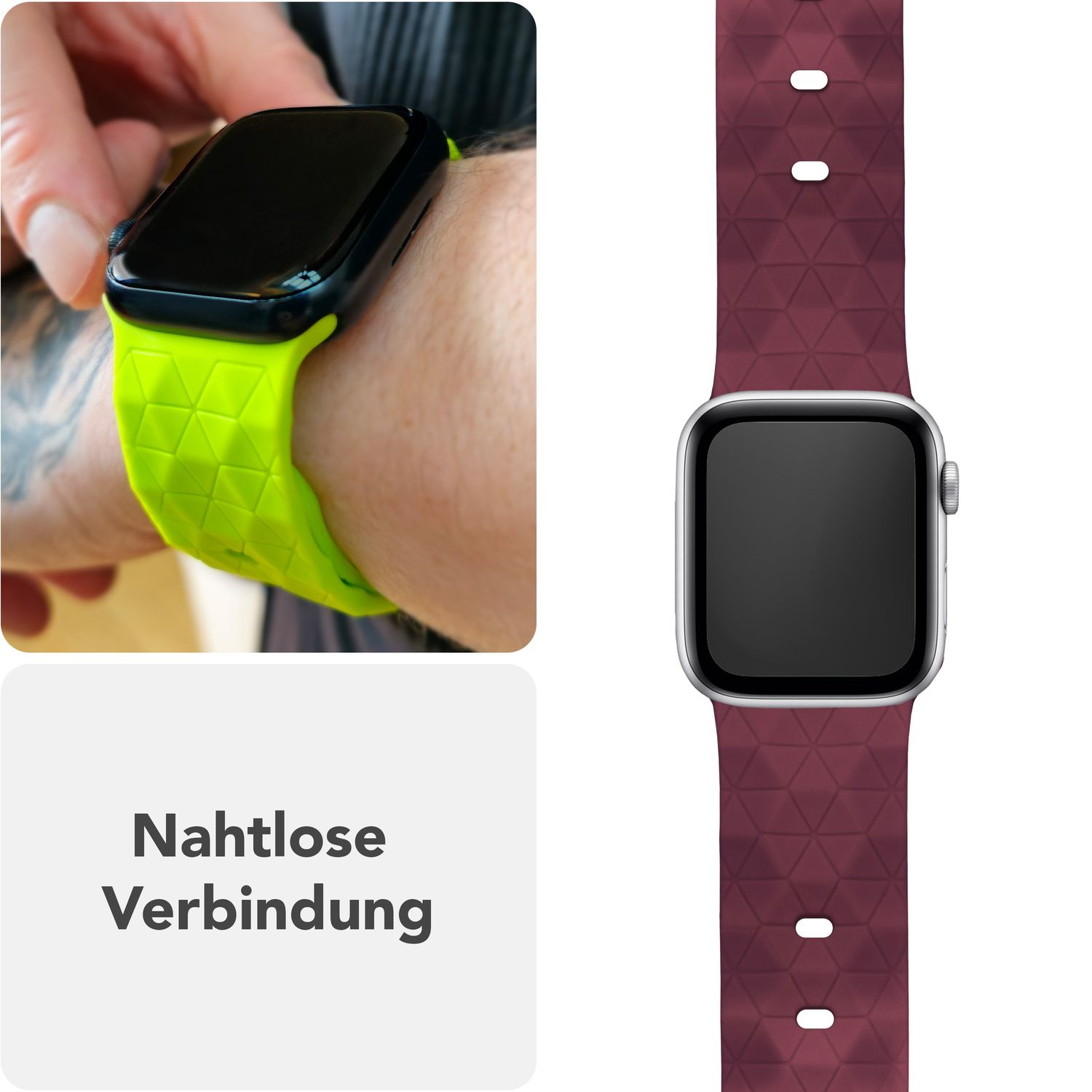 Eine Person trägt ein grünes Uhrenarmband. Eine Uhr mit burgunderfarbenem Armband wird neben dem Text gezeigt.