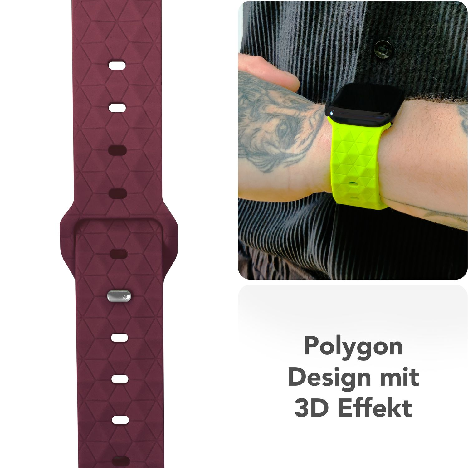 Eine Person trägt ein grünes Uhrenarmband. Ein burgunderfarbenes Uhrenarmband wird links mit Text gezeigt.
