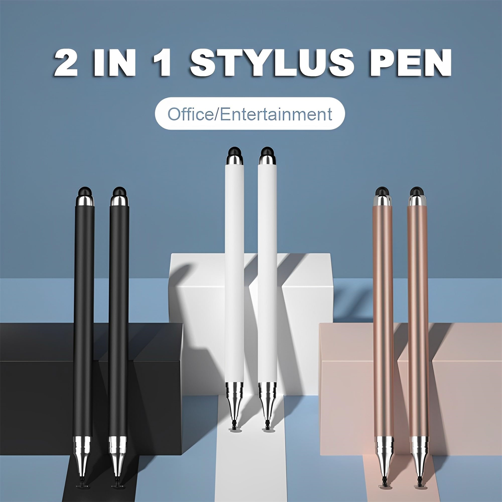 Sechs Eingabestifte in Schwarz, Weiß und Roségold sind angeordnet. Der Text lautet 2 IN 1 STYLUS PEN, Büro/Unterhaltung.