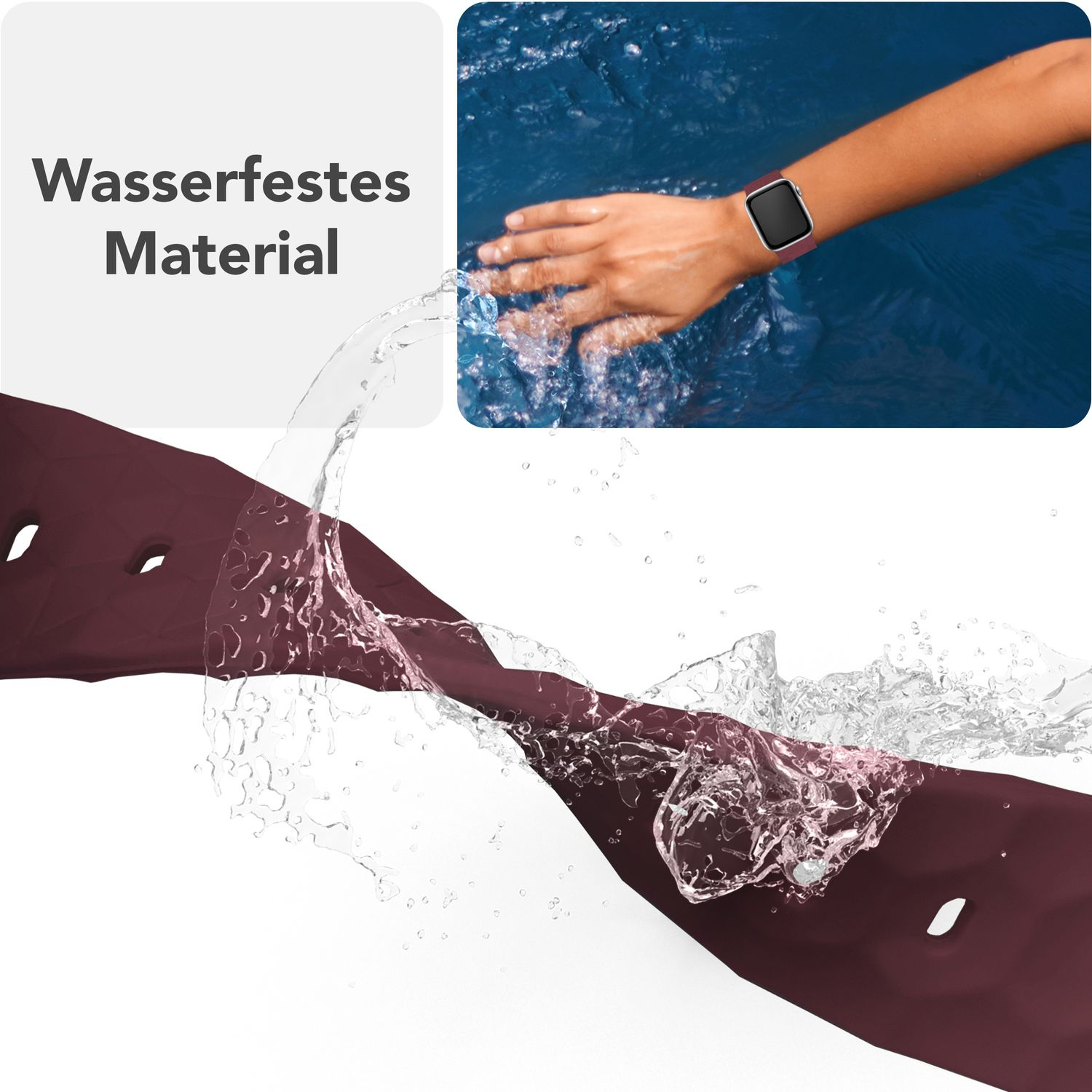 Burgunderfarbenes Uhrenarmband im Wasser mit Spritzern. Der Text lautet wasserfestes Material.