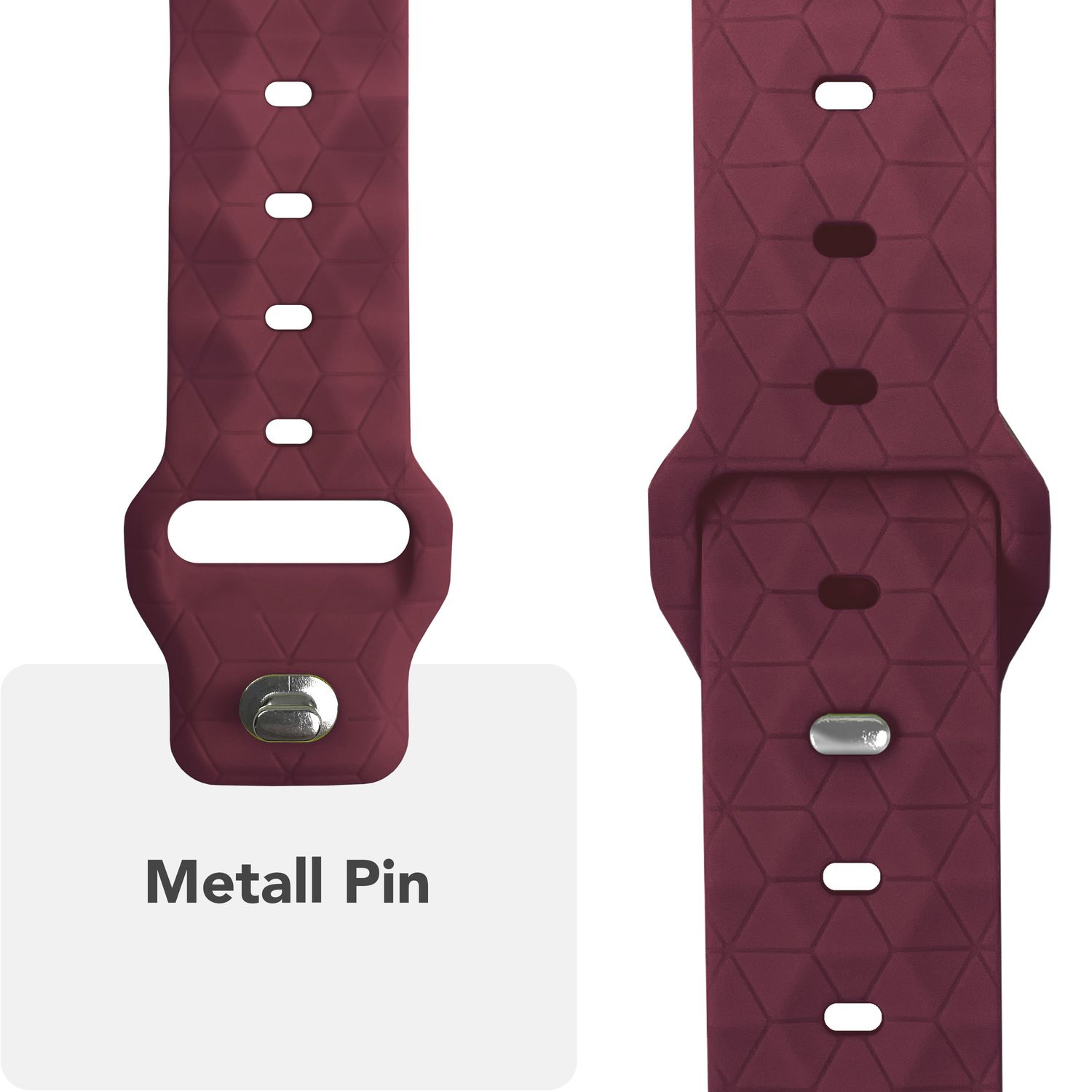Burgunderfarbene Uhrenarmbandteile. Metallstift und Löcher sind sichtbar. Ein weißes Etikett besagt Metallstift.