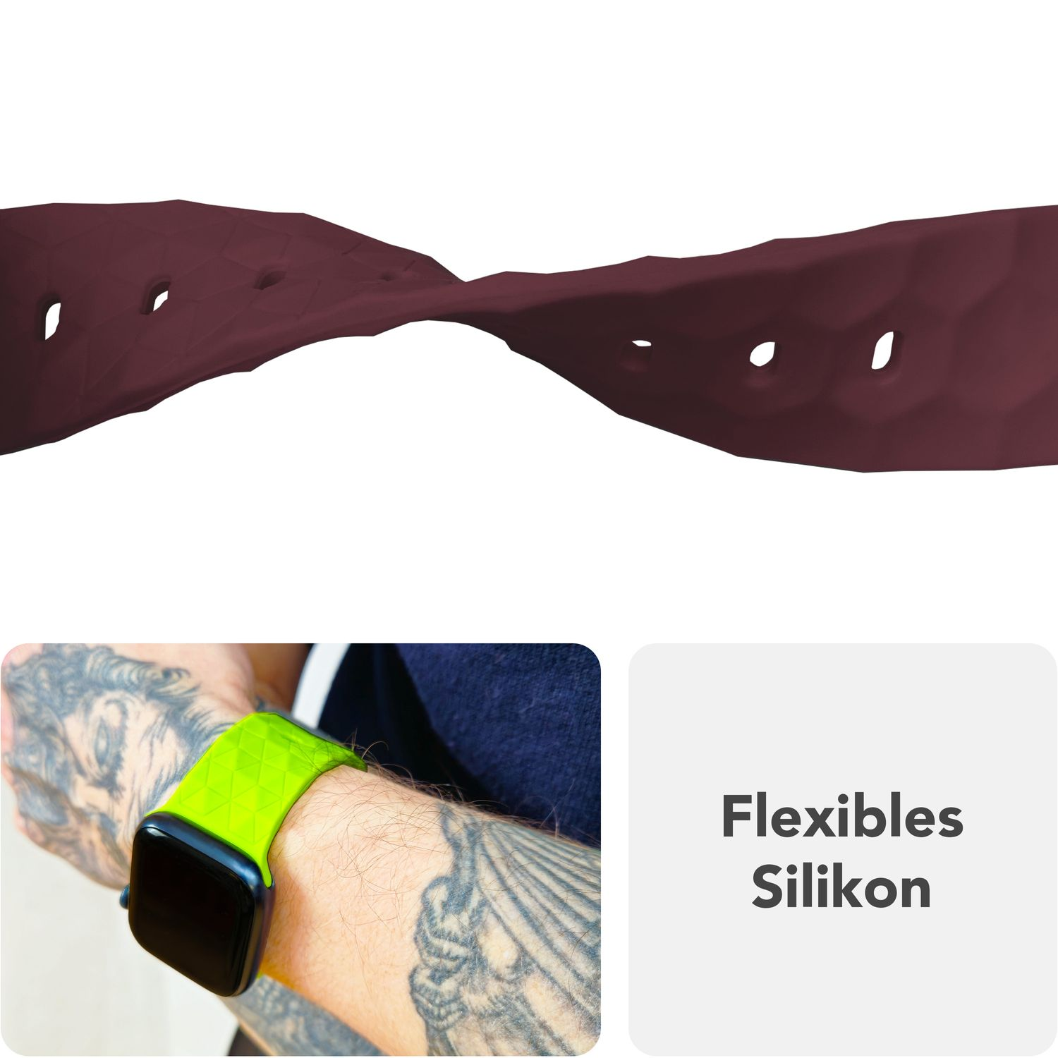 Burgunderfarbenes Uhrenarmband, das sich biegt. Eine Person mit grünem Armband am Handgelenk.