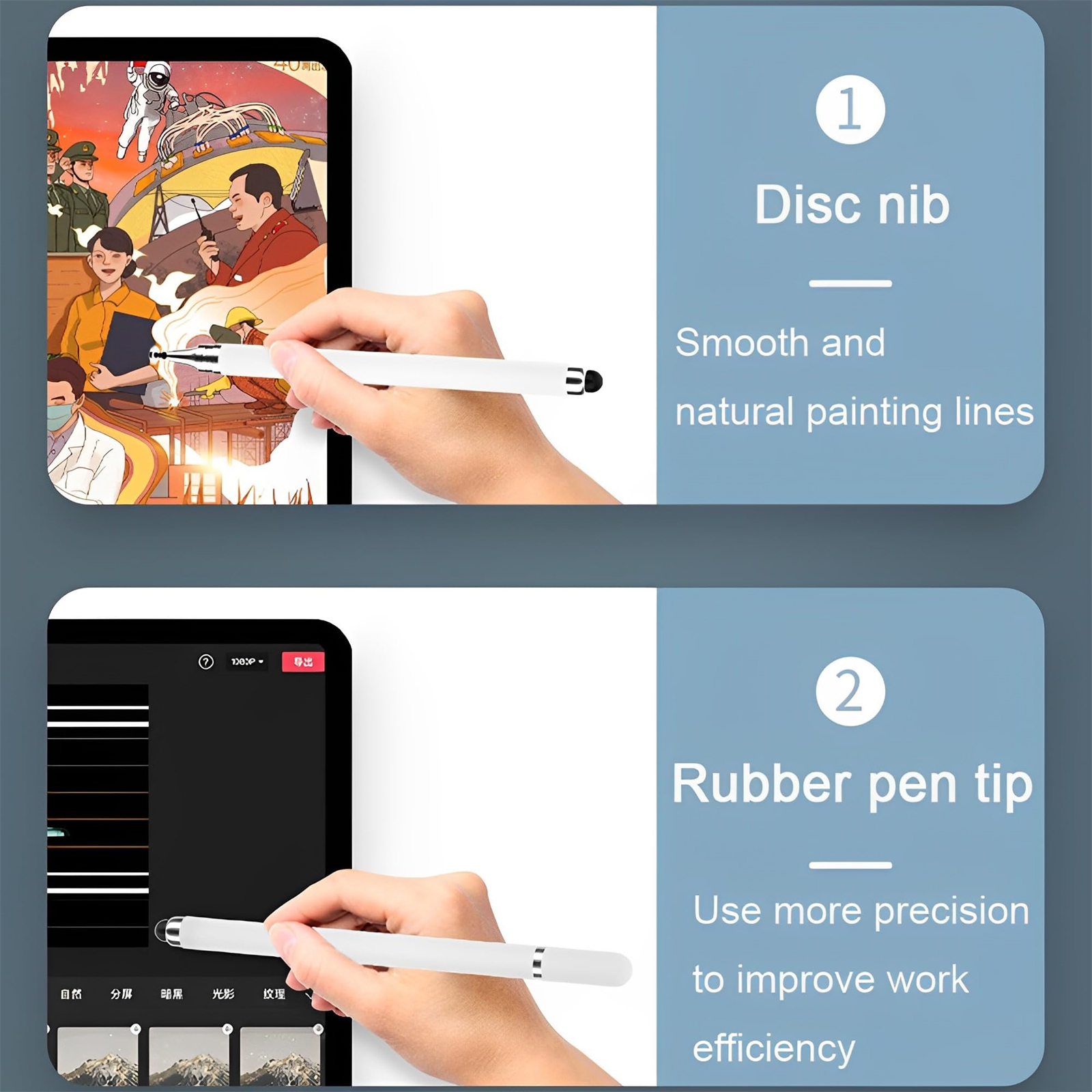 Weißer Stift zeichnet auf einem Tablet-Bildschirm. Der Bildschirm zeigt Kunstwerke und UI.