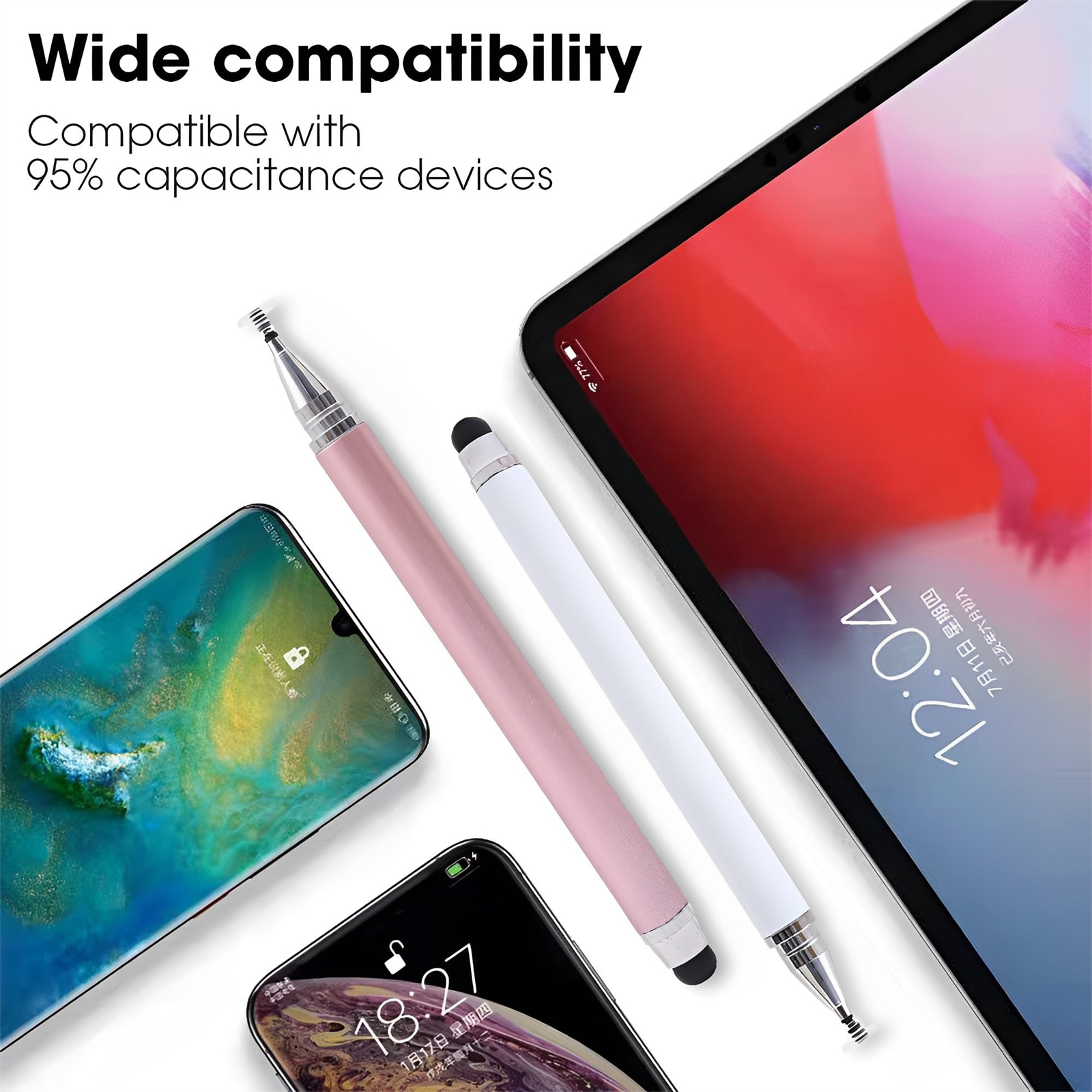 Drei Smartphones und ein Tablet. Die Stifte sind rosa und weiß. Der Text auf dem Tablet lautet breite Kompatibilität.