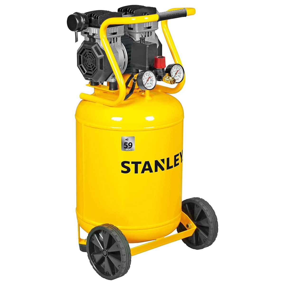 Gele Stanley luchtcompressor met twee wielen en meters. Zwarte ventilator achter.
