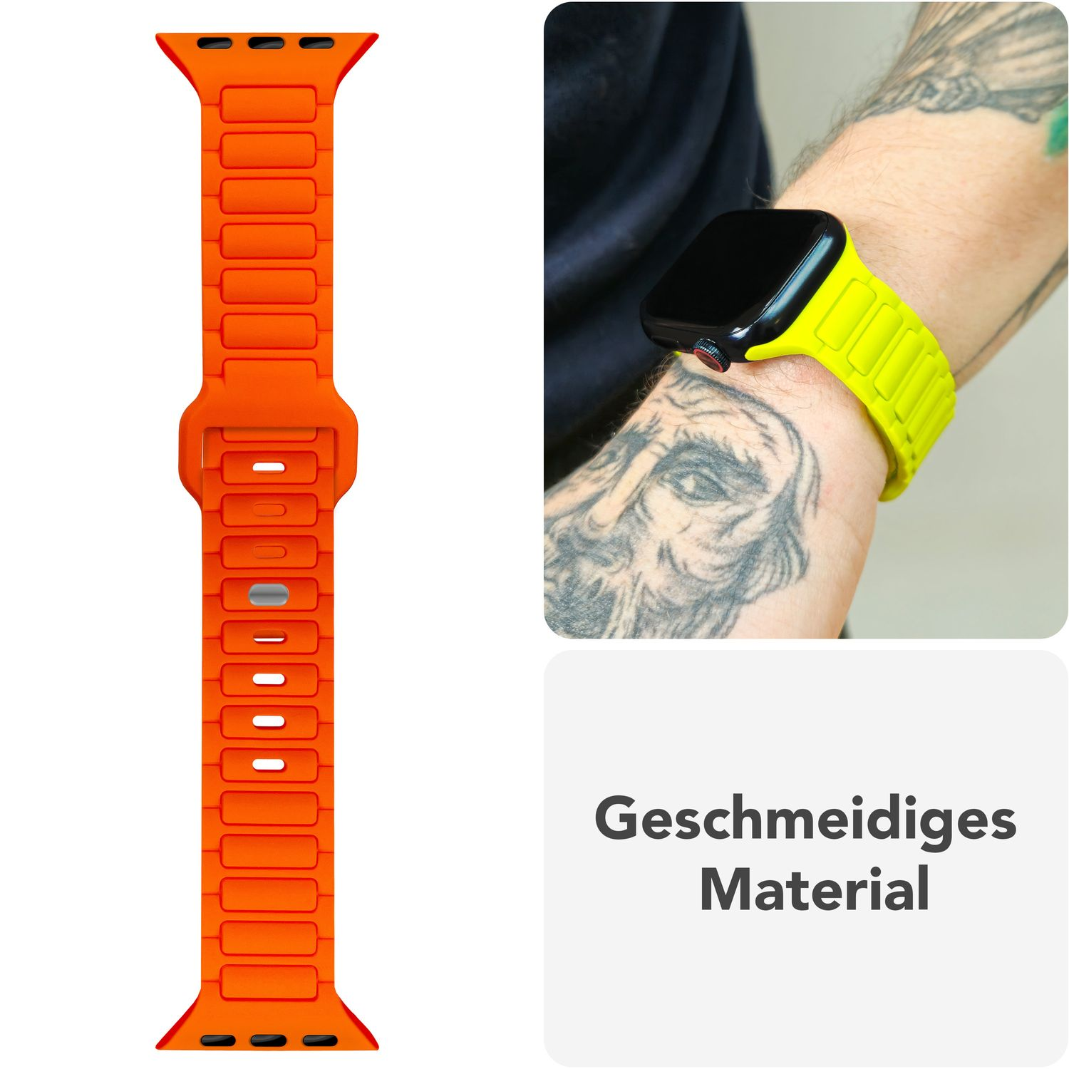 Ein orangefarbenes Uhrenarmband und eine Person mit einem neongrünen Uhrenarmband.