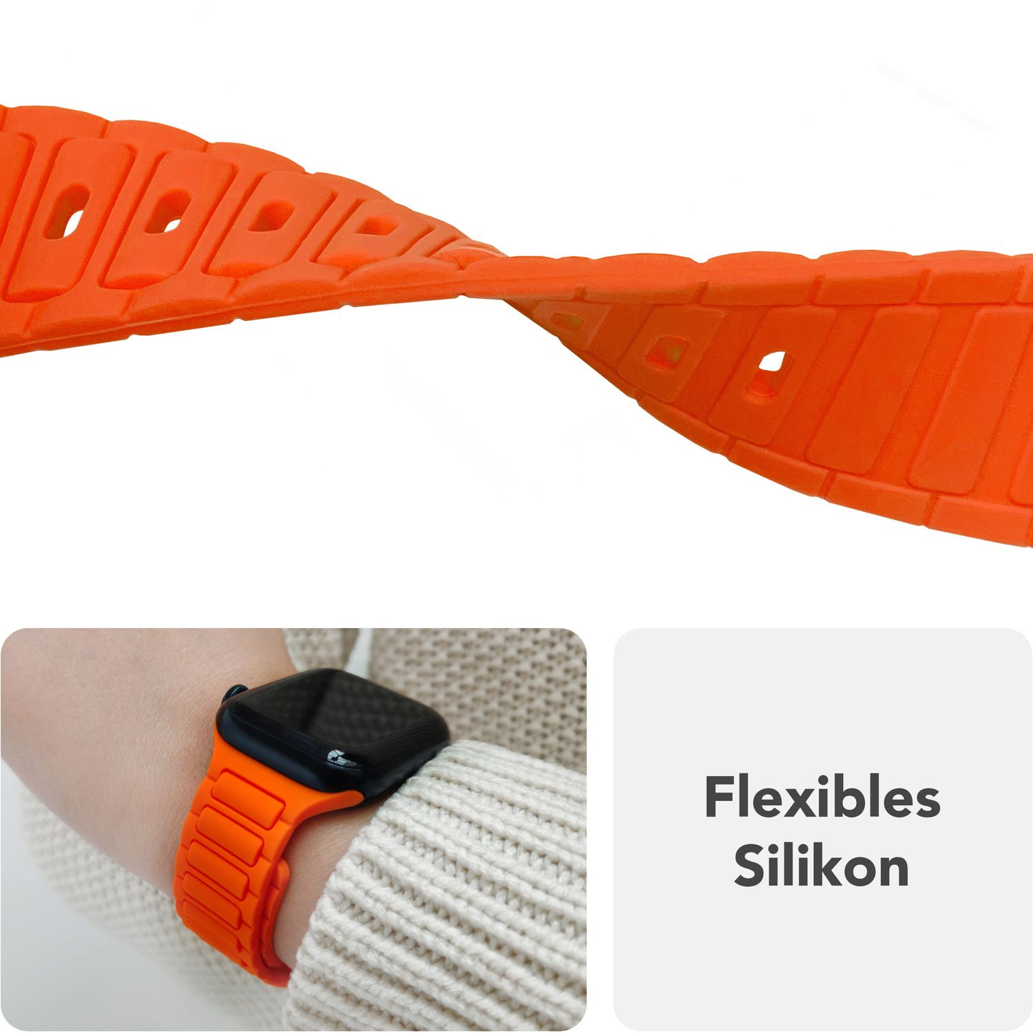 Nahaufnahme eines orangefarbenen Uhrenarmbands, das gebogen ist, um seine Flexibilität zu zeigen, und ein Handgelenk mit dem Armband.