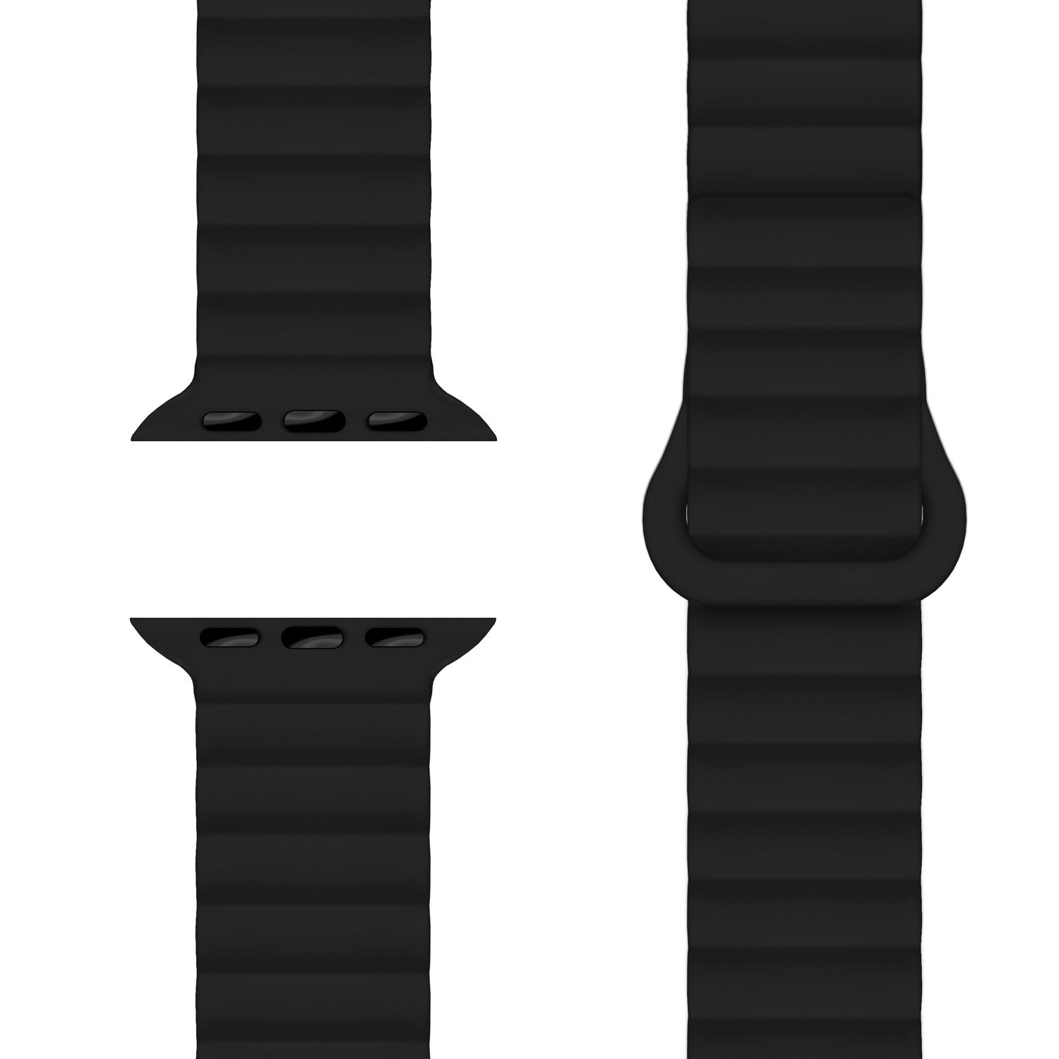 Drei schwarze Uhrenarmbänder. Alle haben ein geriffeltes Design mit rechteckigem Verschluss.
