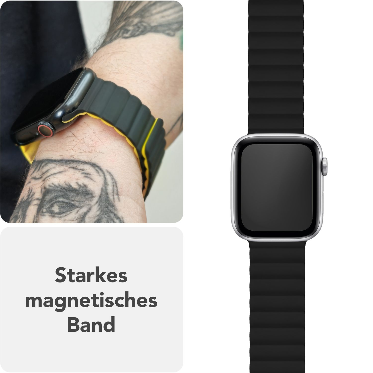 Schwarze Uhr mit schwarzem Armband am Handgelenk. Das Band hat Wellenlinien.