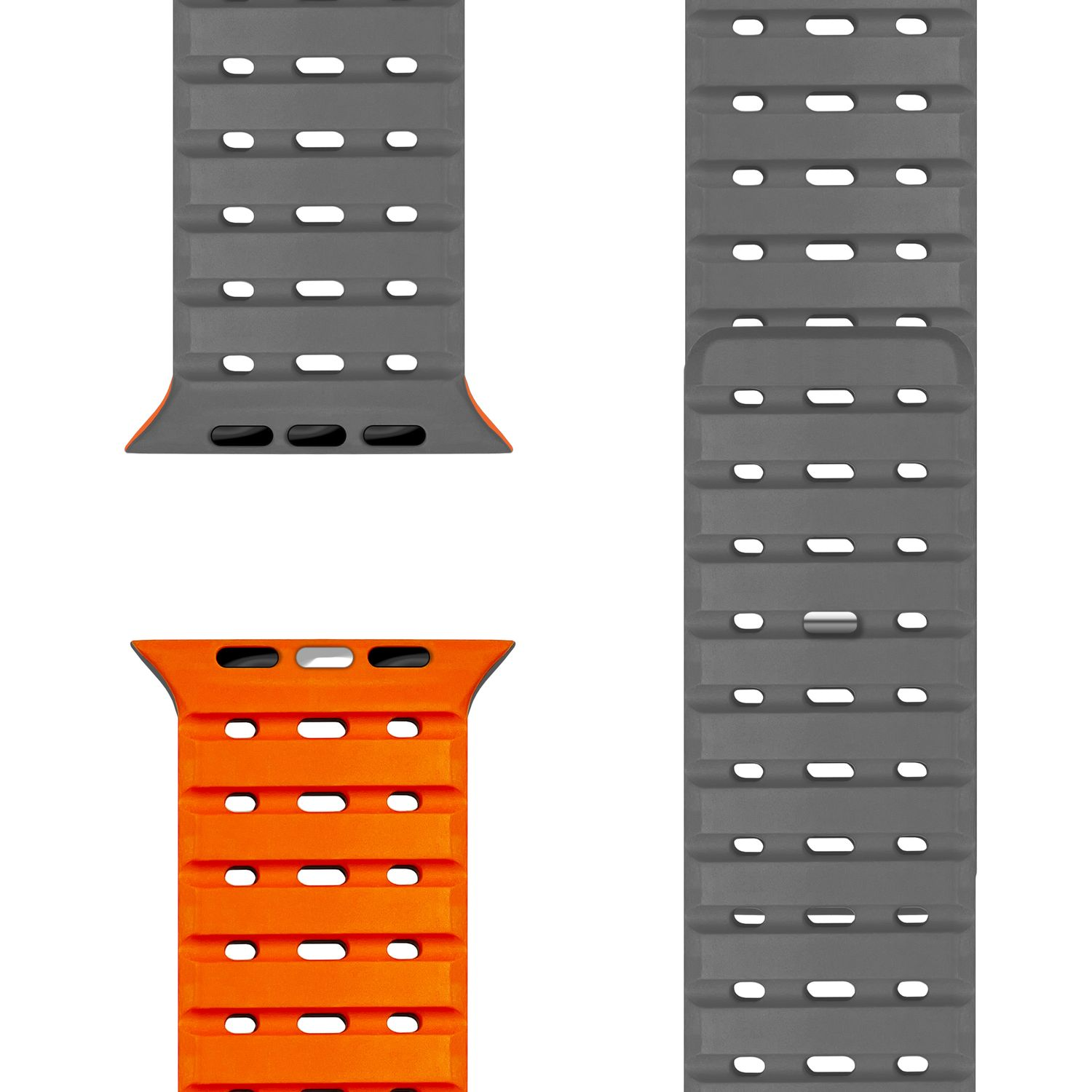 Zwei Uhrenarmbänder. Eines grau und eines orange. Beide haben ein gerilltes Design mit Löchern.