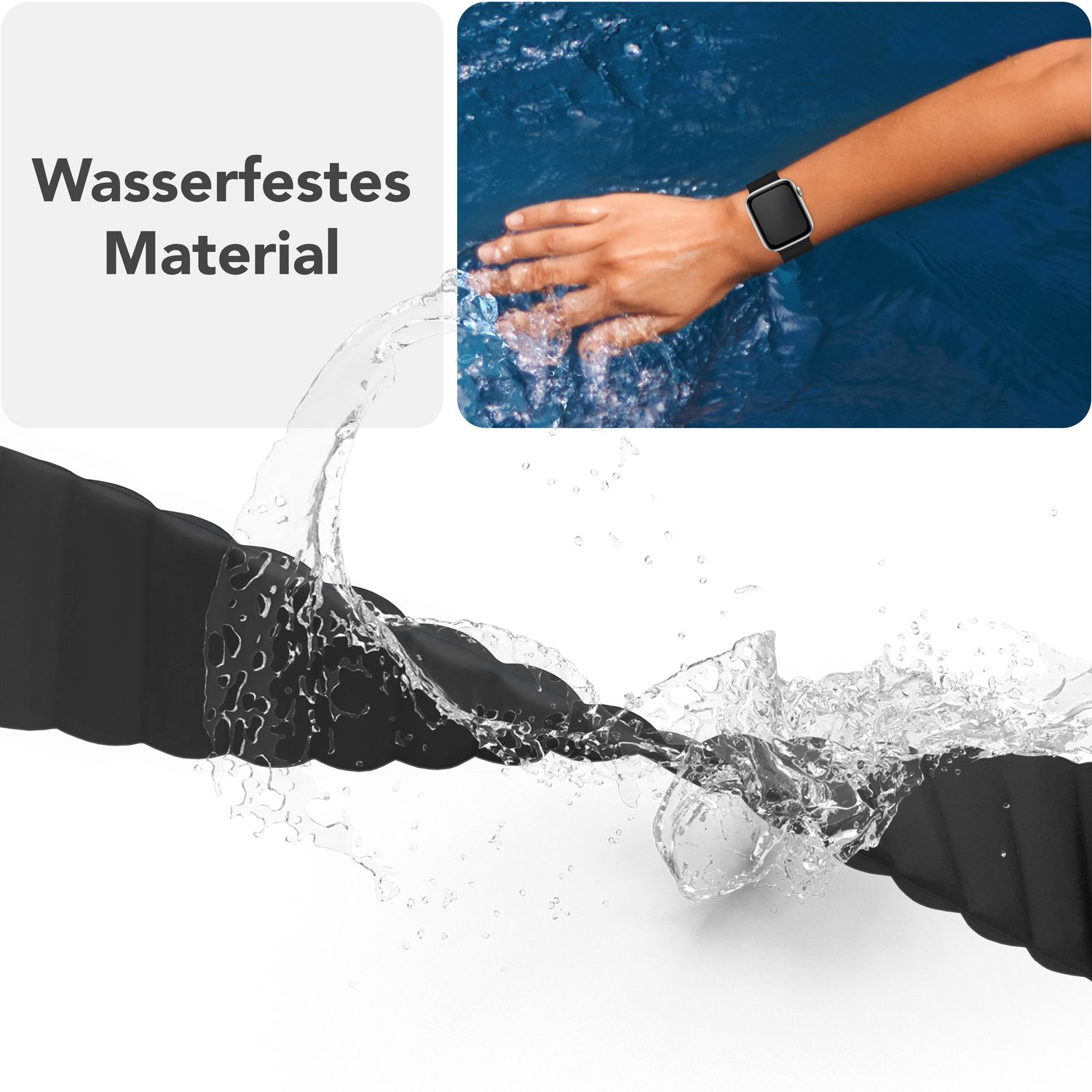 Schwarzes Uhrenarmband mit Wassertropfen. Ein Handgelenk mit schwarzer Uhr im Wasser.