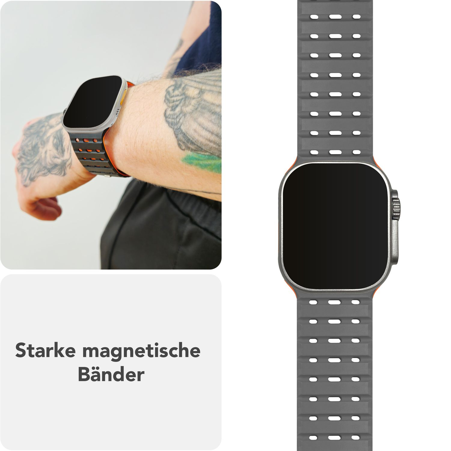 Eine Apple Watch am Handgelenk mit grauem Armband und Nahaufnahme des Armbands.