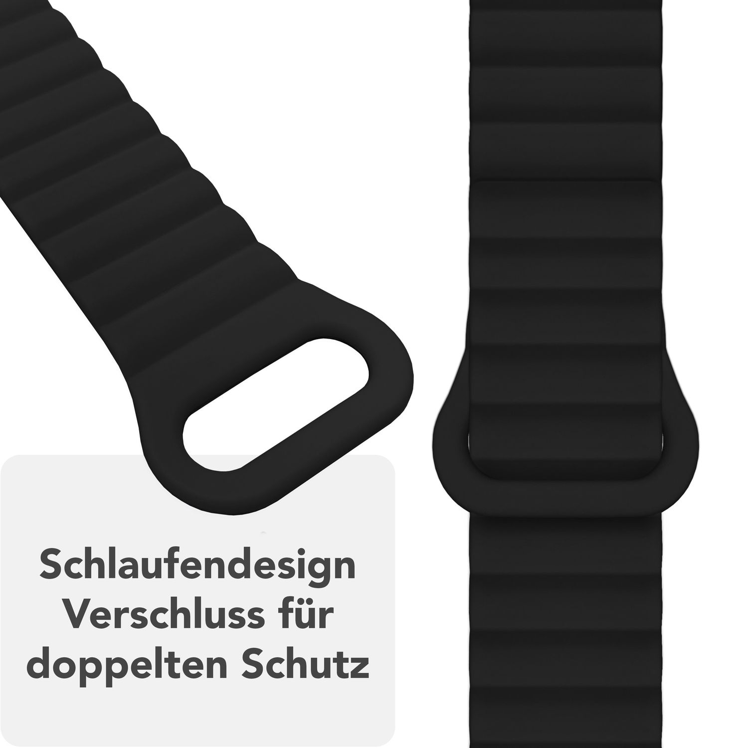 Nahaufnahme eines schwarzen Uhrenarmbands. Text: Schlaufendesign, Verschluss für doppelten Schutz. Der Hintergrund ist weiß.
