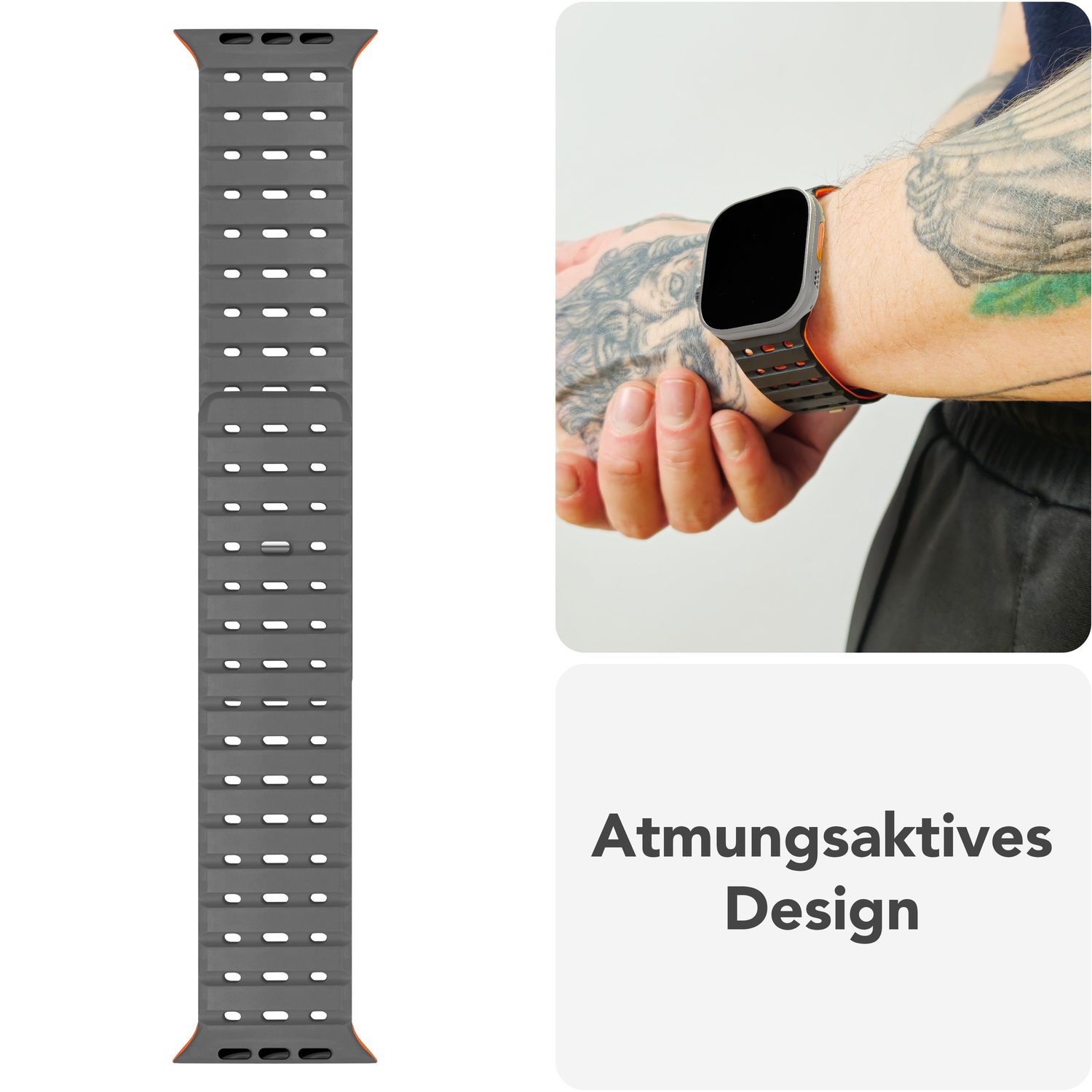 Eine Apple Watch am Handgelenk mit grauem Armband und Nahaufnahme des Armbands mit Perforationen.