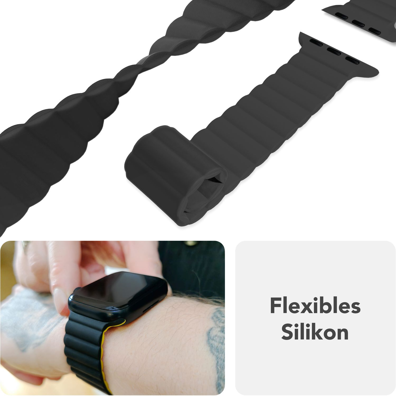 Schwarzes, flexibles Silikon-Uhrenarmband am Handgelenk. Schwarzes Zifferblatt. Weißer Hintergrund.