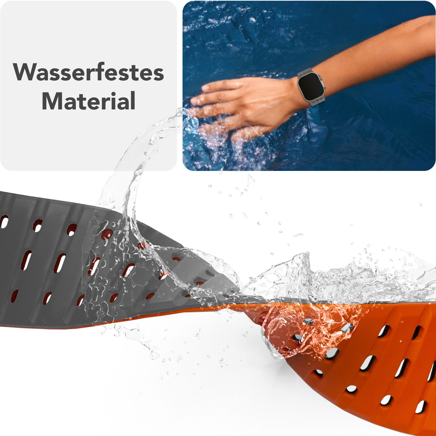 Wasser spritzt auf ein grau-oranges Uhrenarmband. Eine Hand mit dem Armband ist im Wasser.