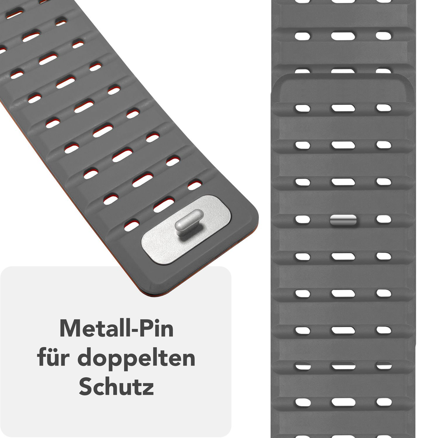 Nahaufnahme eines grauen Uhrenarmbands mit einem Metallstift für doppelten Schutz.