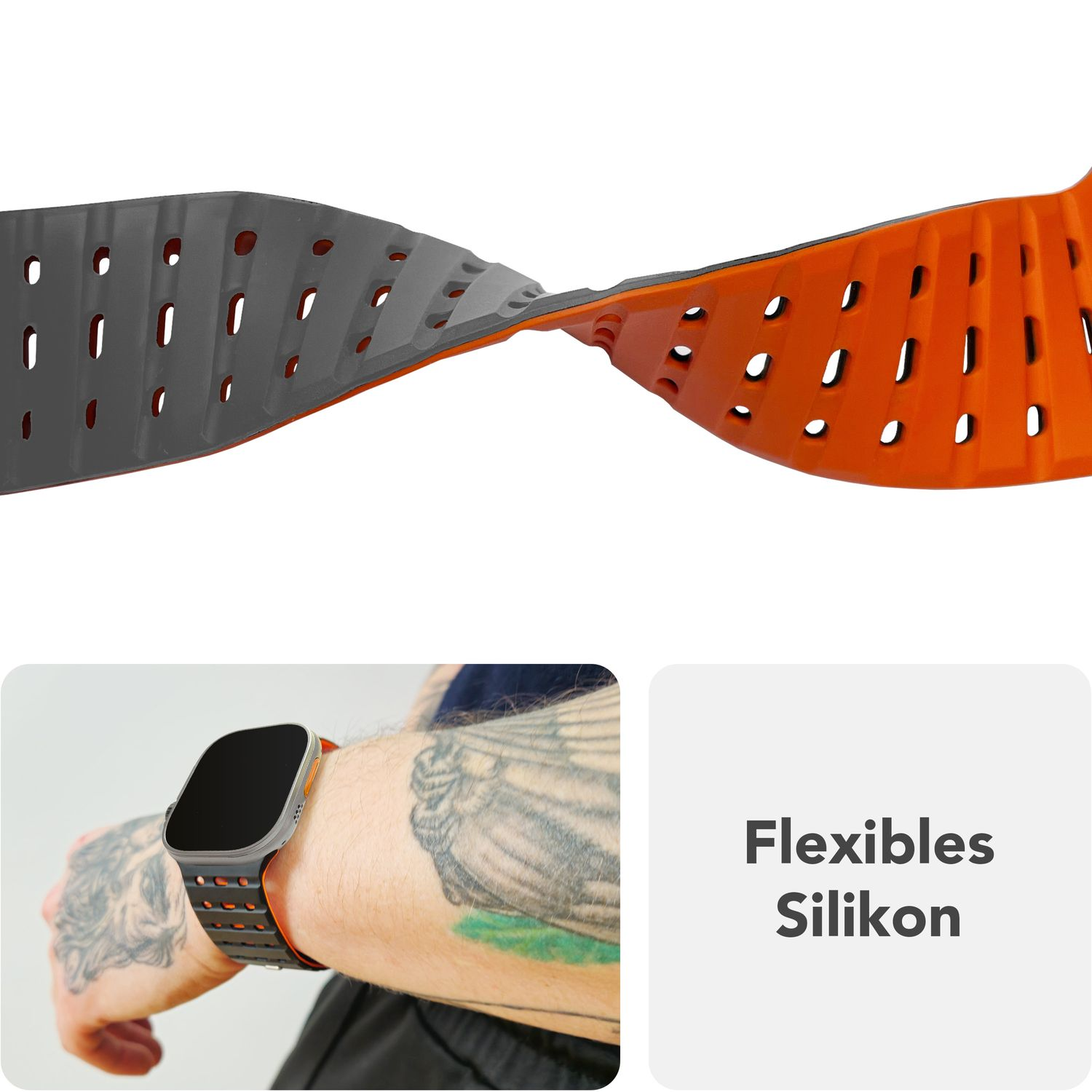 Oranges und graues Uhrenarmband mit einem Mann, der es trägt.
