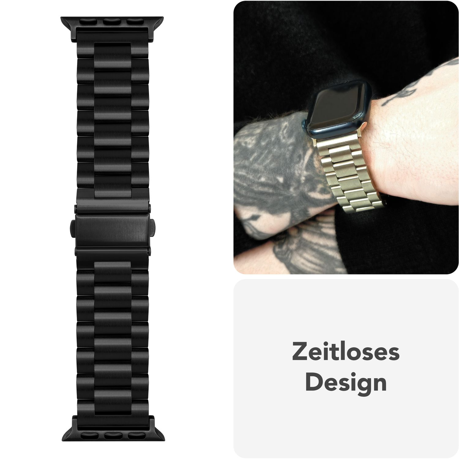 Schwarzes Metall-Armband am Handgelenk. Text: Zeitloses Design.