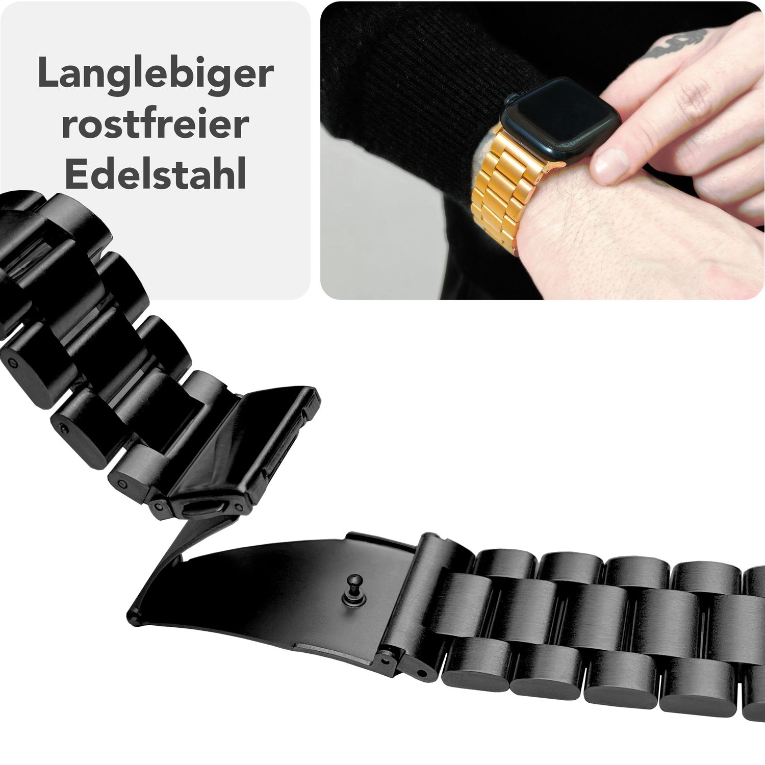 Schwarzes Uhrenarmband mit goldener Uhr am Handgelenk. Metallkonstruktion. Weißer Hintergrund.