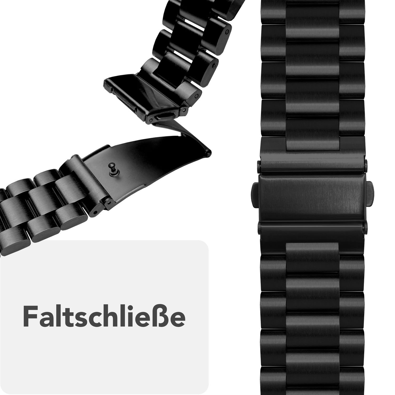 Nahaufnahme eines schwarzen Uhrenarmbands mit Faltschließen-Design.