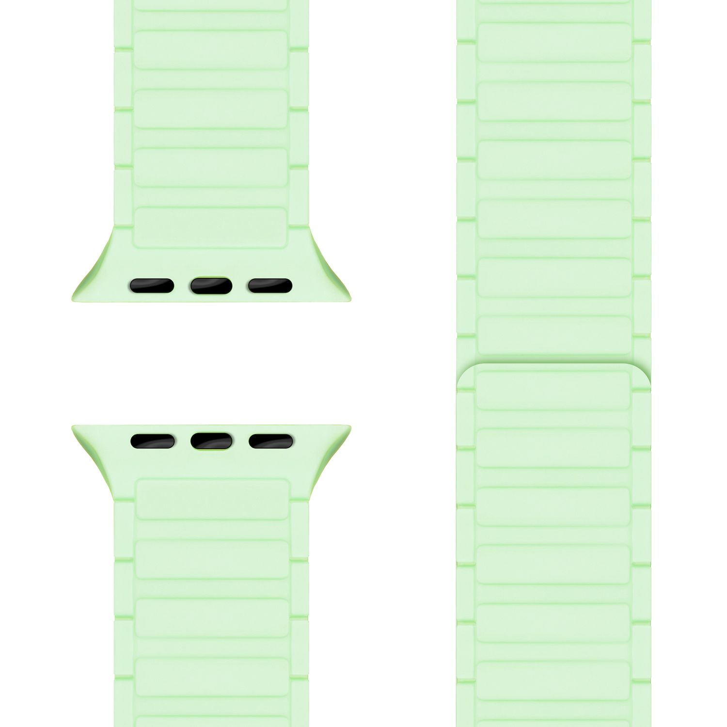 Zwei hellgrüne Uhrenarmbänder. Oberes Band hat drei schwarze Punkte. Weißer Hintergrund.