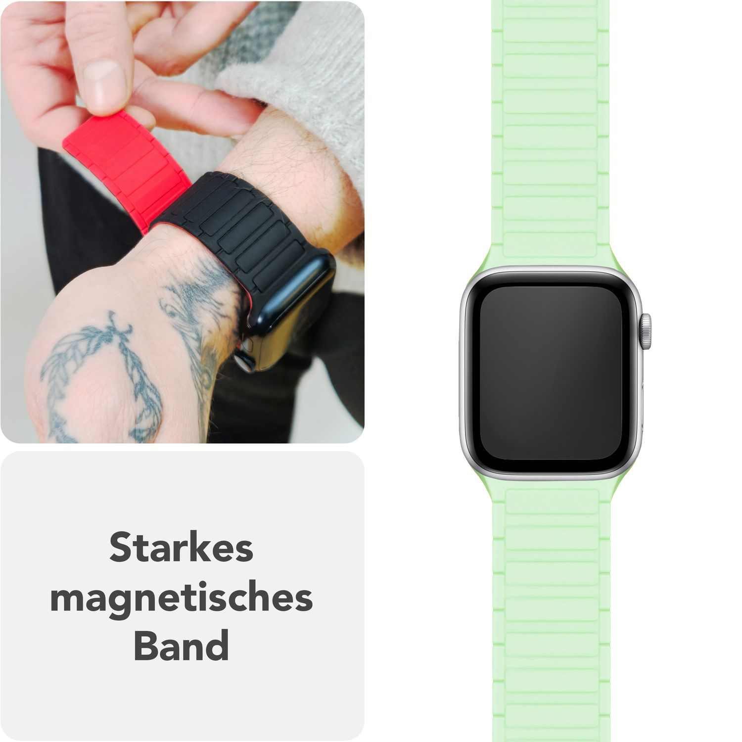 Eine Person, die ein rot-schwarzes Uhrenarmband anbringt. Hellgrünes Uhrenarmband rechts. Weißer Hintergrund.