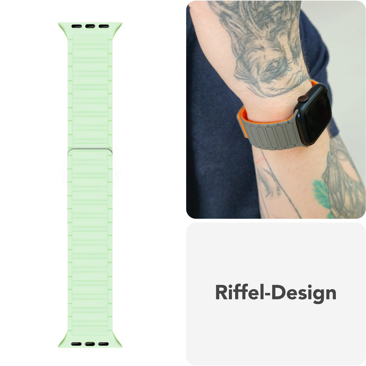 Hellgrünes Uhrenarmband. Graues Uhrenarmband am Handgelenk mit orangefarbenen Akzenten. Weißer Hintergrund.