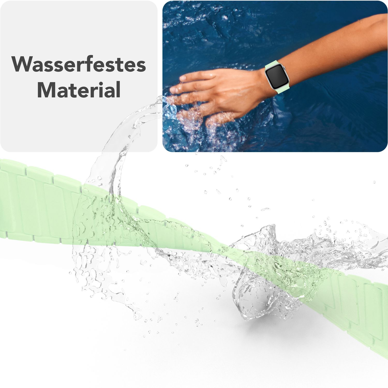 Wasser, das auf ein hellgrünes Uhrenarmband gegossen wird. Wassertropfen und -spritzer. Weißer Hintergrund.
