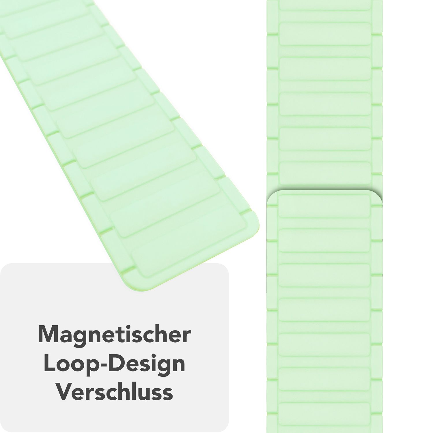 Zwei Bilder eines hellgrünen Uhrenarmbands. Das Band besteht aus einem magnetischen Loop-Design-Material.