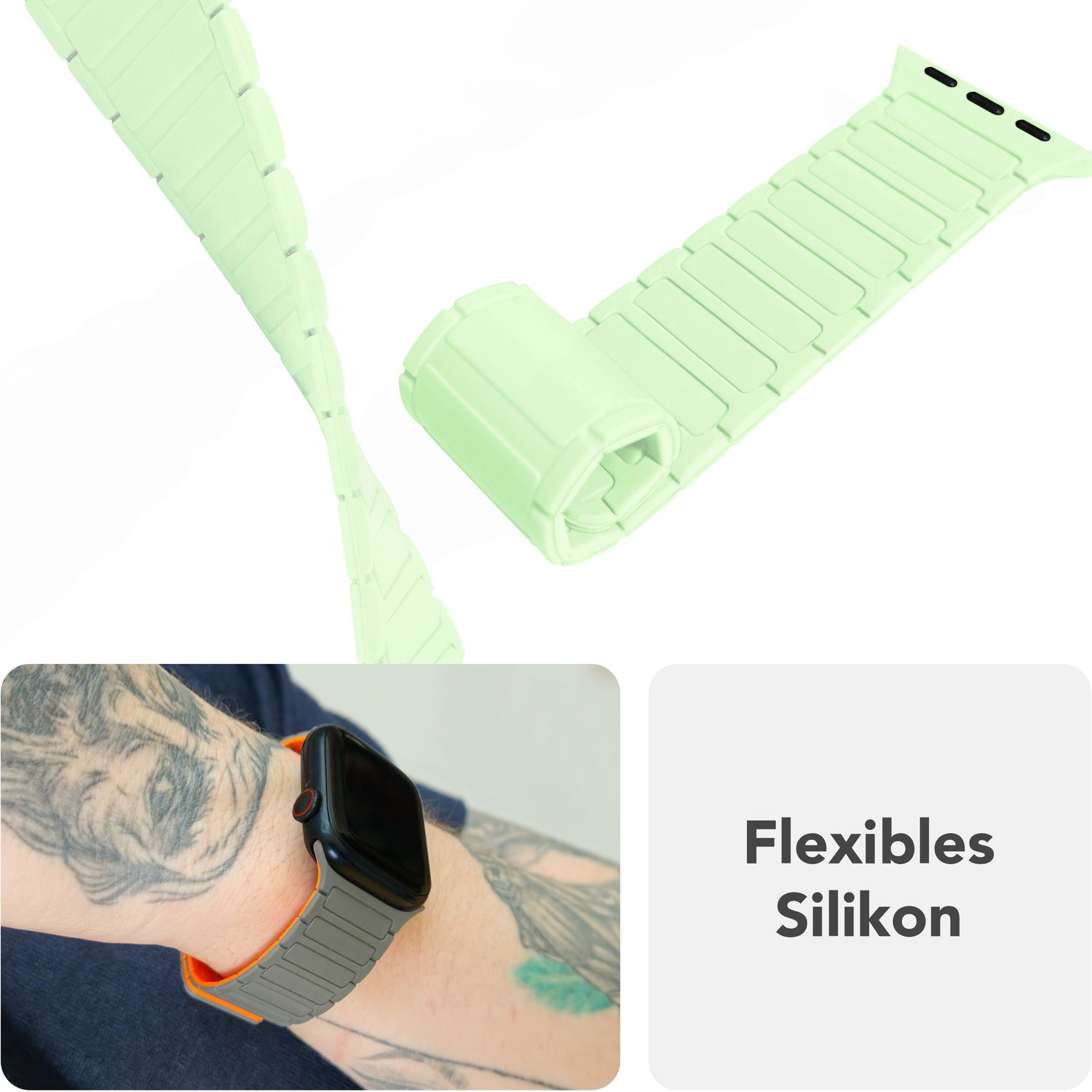 Zwei hellgrüne Uhrenarmbänder. Graues Uhrenarmband am Handgelenk. Weißer Hintergrund.