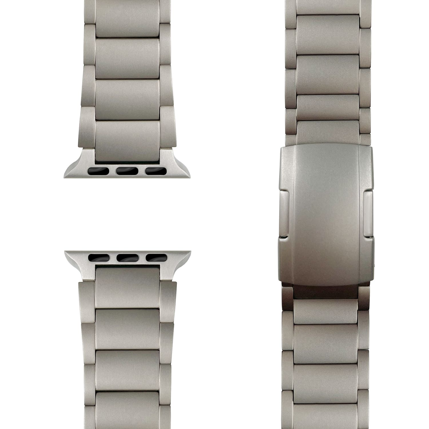 Nahaufnahme eines silbernen Uhrenarmbands. Metallkonstruktion. Weißer Hintergrund.