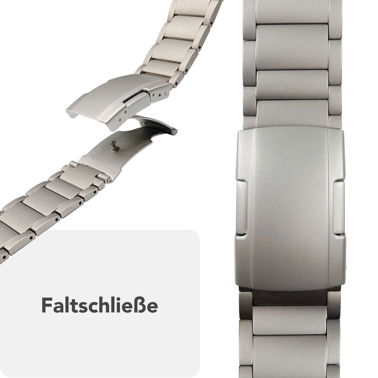 Armband mit Faltschließe, offen und geschlossen gezeigt, mit Detail eines Handgelenks.
