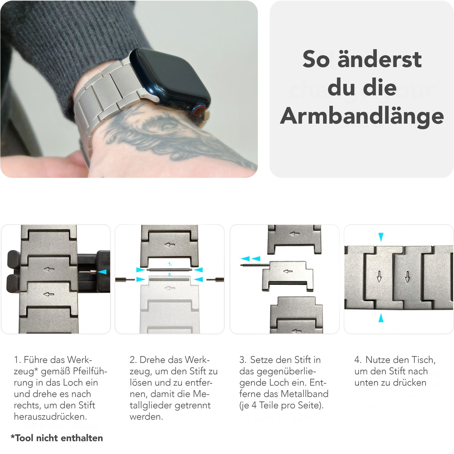 Schritte zum Einstellen eines Uhrenarmbands. Bilder zeigen, wie man Glieder entfernt und die Länge anpasst.