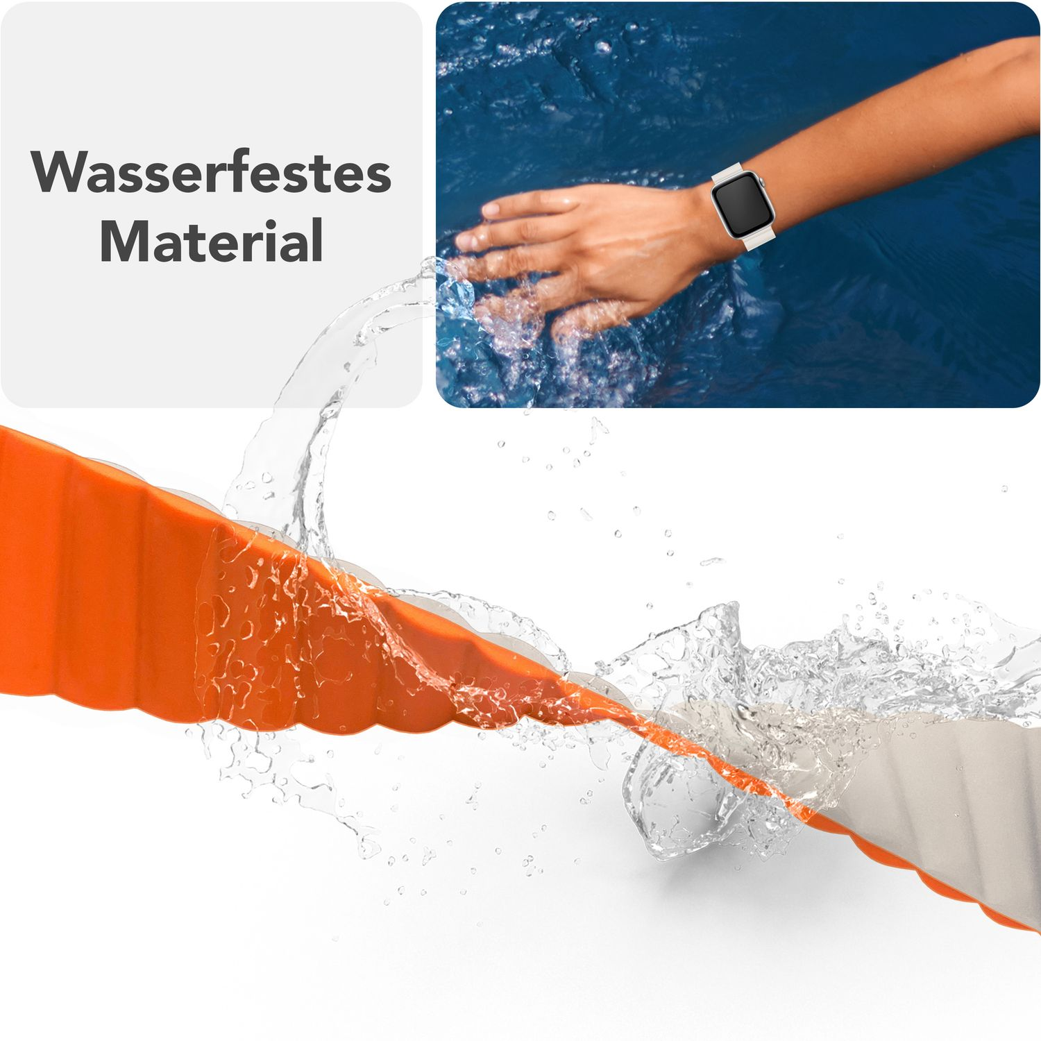 Ein Uhrenarmband ist in Wasser getaucht. Das Band ist orange und weiß.